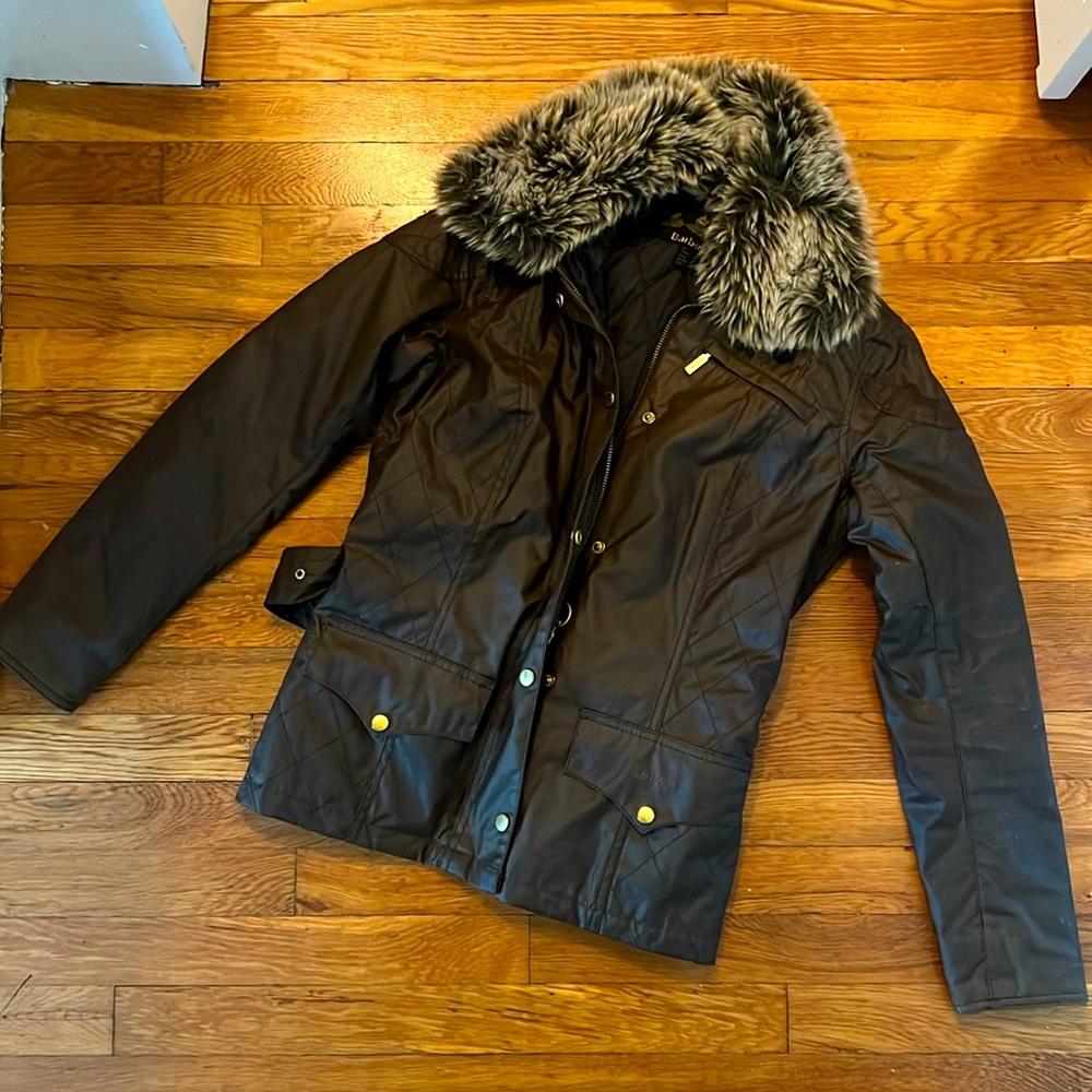 Barbour Womens Wax Jacket Quilted Belt Faux Fur Brown US size 6